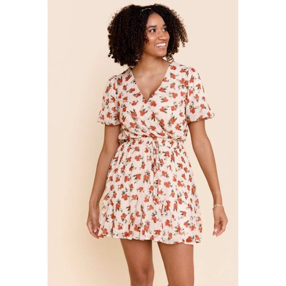 Trixxi Clothing Co Womens Floral Print Wrap Dress Size S Beige Puff Sleeves Boho